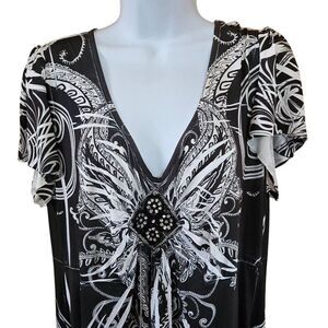 Black & White Swirl Dress Intricate Butterfly Pattern & Rhinestone Accent boho